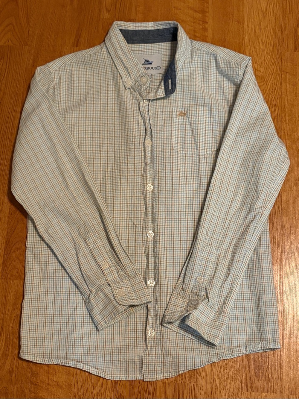 Reel Legends boys  Light Blue and Tan Plaid Button-Down Shirt 10/12